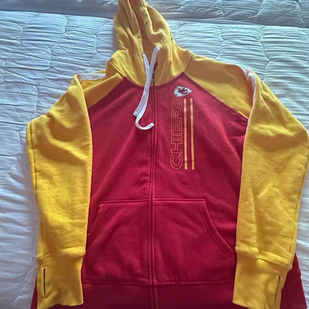 NFL Chiefs Red and Yellow Ladies Zip Up Hoodie XXL